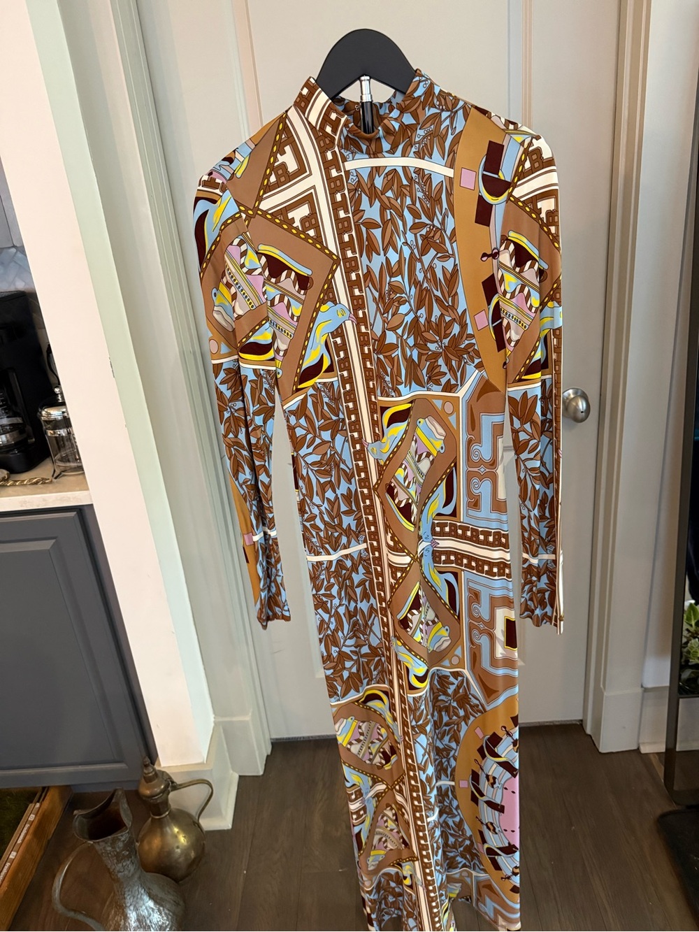 Long Sleeve Brown Patterned Maxi Dress - Women